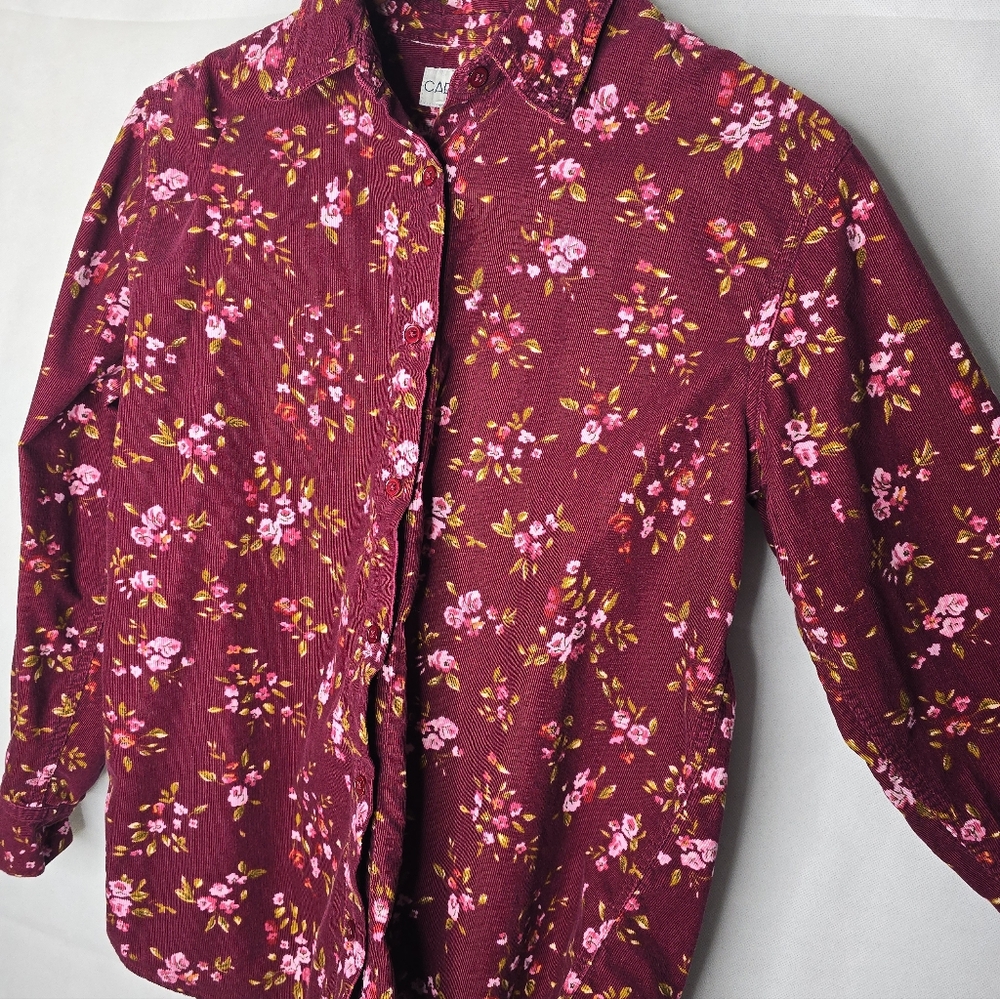Cabin Creek Floral Corduroy Shirt Burgundy Cotton Button Up Cottagecore M - Picture 4 of 12